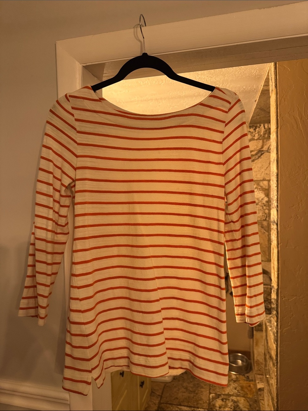 LOFT Cream and Orange Striped Long Sleeve Boatneck Top